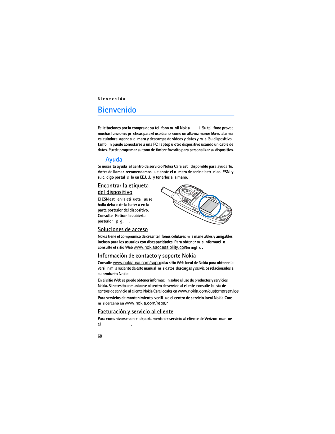 Nokia 6305i manual Bienvenido, Ayuda, Encontrar la etiqueta del dispositivo 