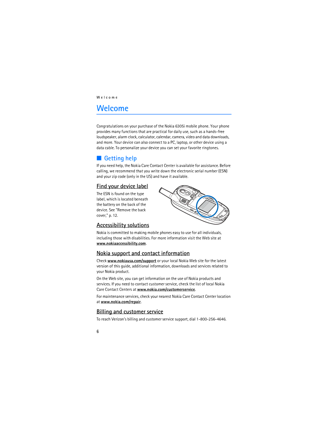 Nokia 6305i manual Welcome, Getting help, Find your device label 