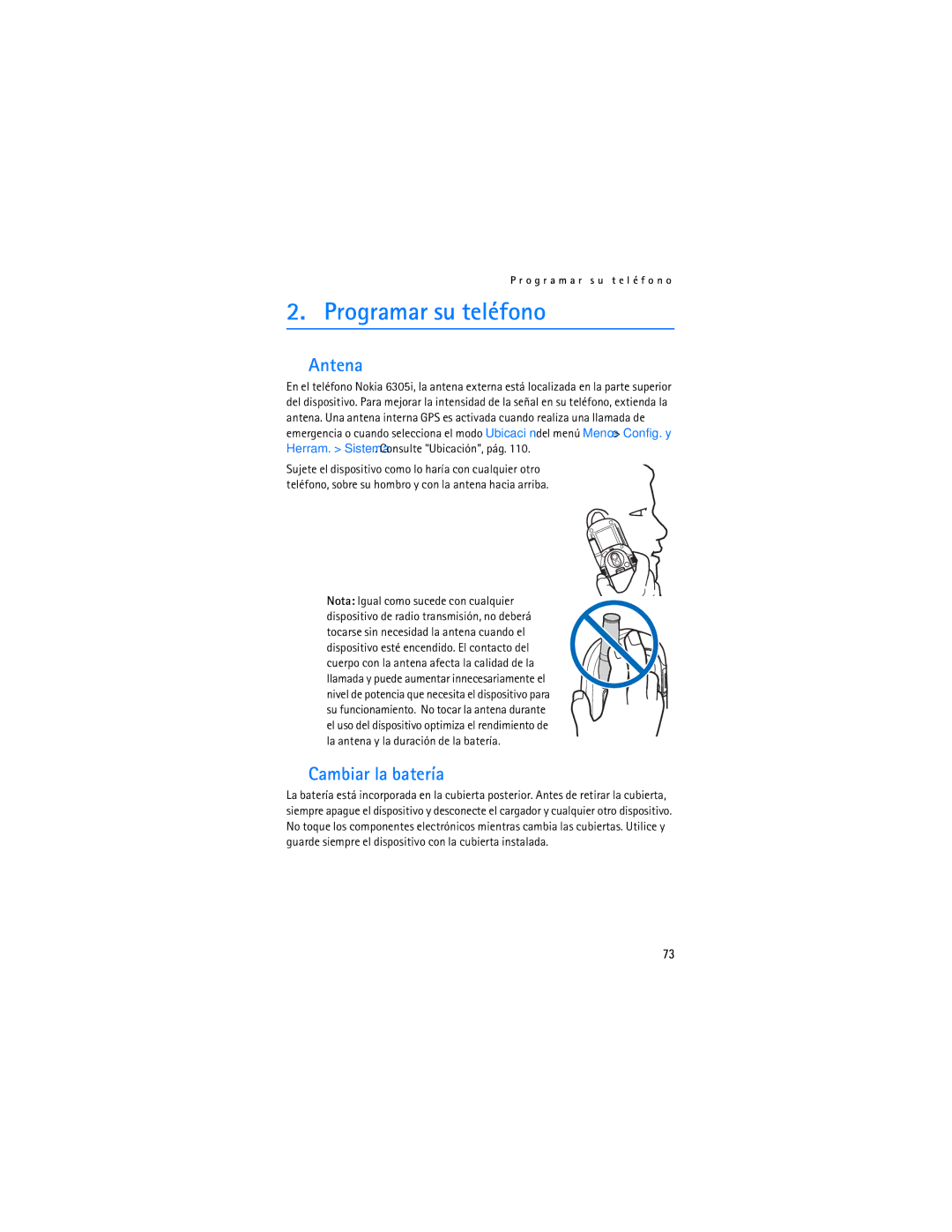 Nokia 6305i manual Programar su teléfono, Antena, Cambiar la batería 