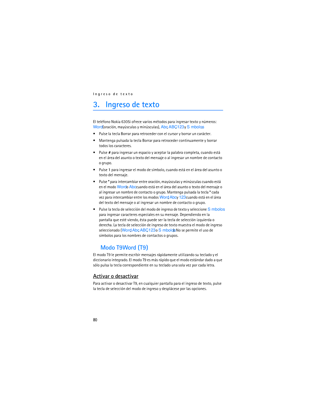 Nokia 6305i manual Ingreso de texto, Modo T9Word T9, Activar o desactivar 