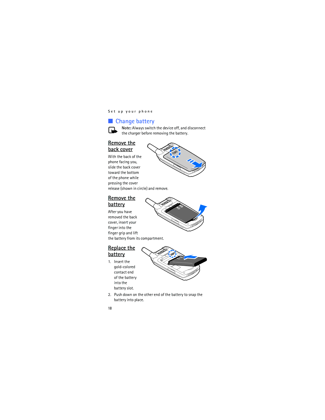 Nokia 6315i manual Change battery, Remove the battery, Replace the battery, Release shown in circle and remove 