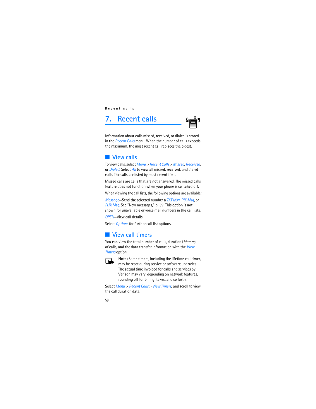 Nokia 6315i manual Recent calls, View calls, View call timers 