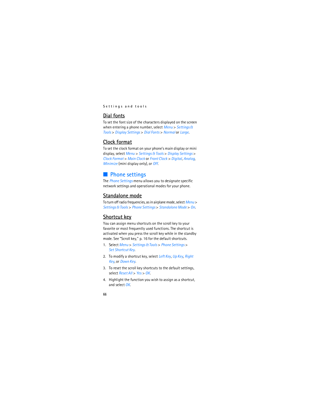 Nokia 6315i manual Phone settings, Dial fonts, Clock format, Standalone mode, Shortcut key 