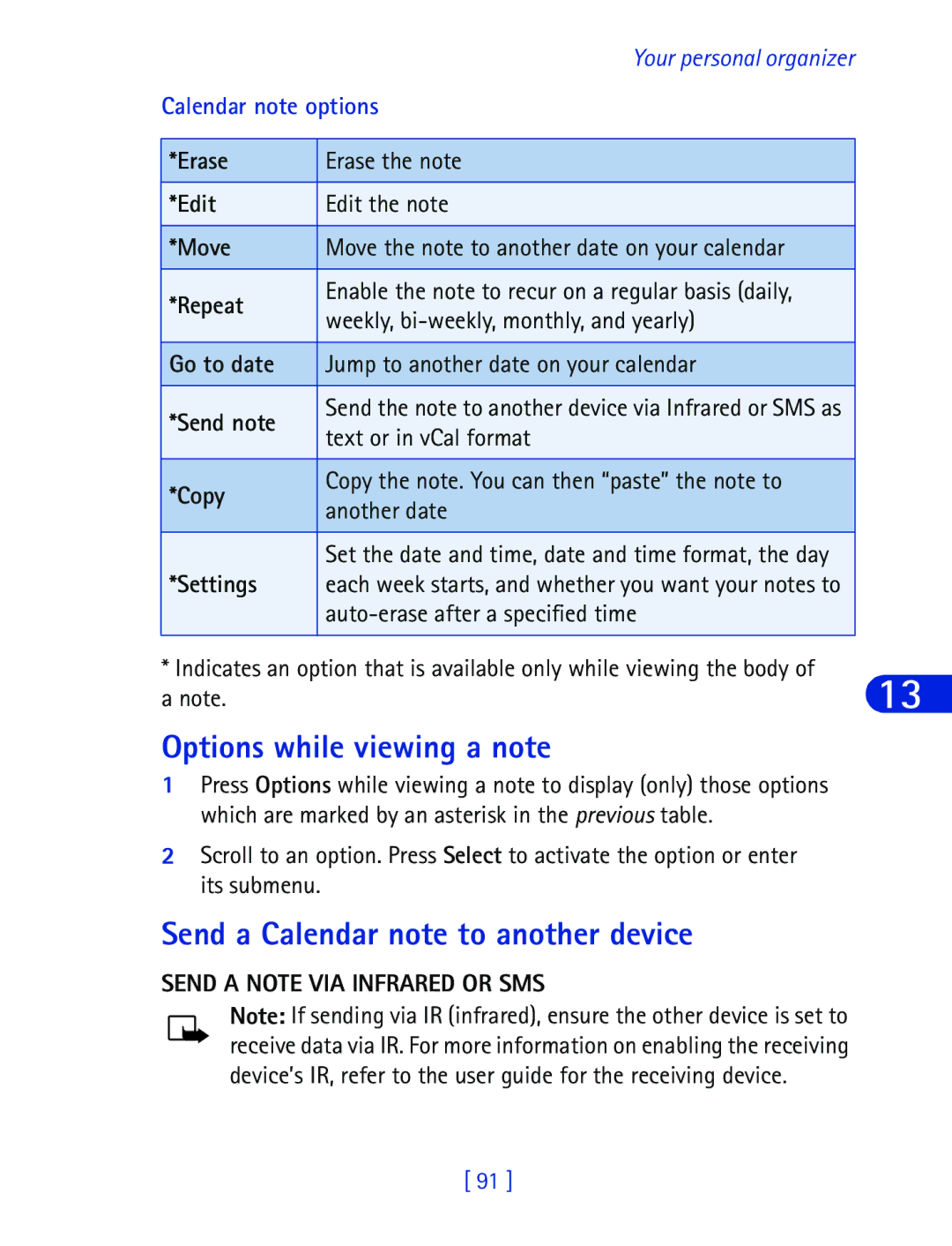 Nokia 6340 Options while viewing a note, Send a Calendar note to another device, Send a Note VIA Infrared or SMS 