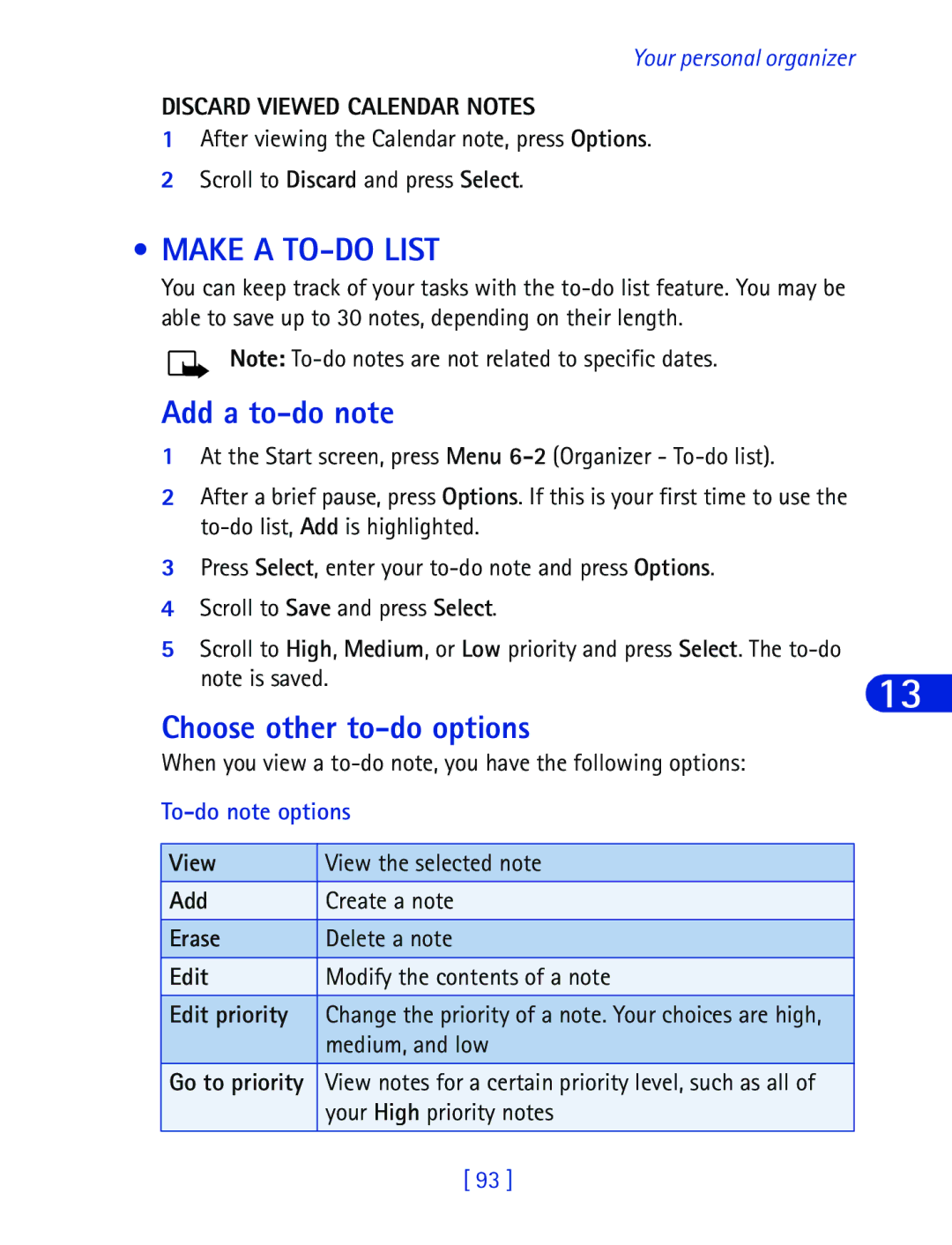 Nokia 6340 specifications Make a TO-DO List, Add a to-do note, Choose other to-do options, Discard Viewed Calendar Notes 