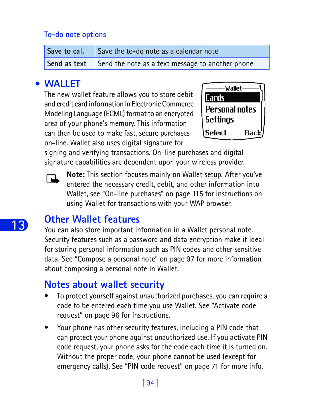 Nokia 6340 specifications Other Wallet features, Save to cal, Save the to-do note as a calendar note, Send as text 