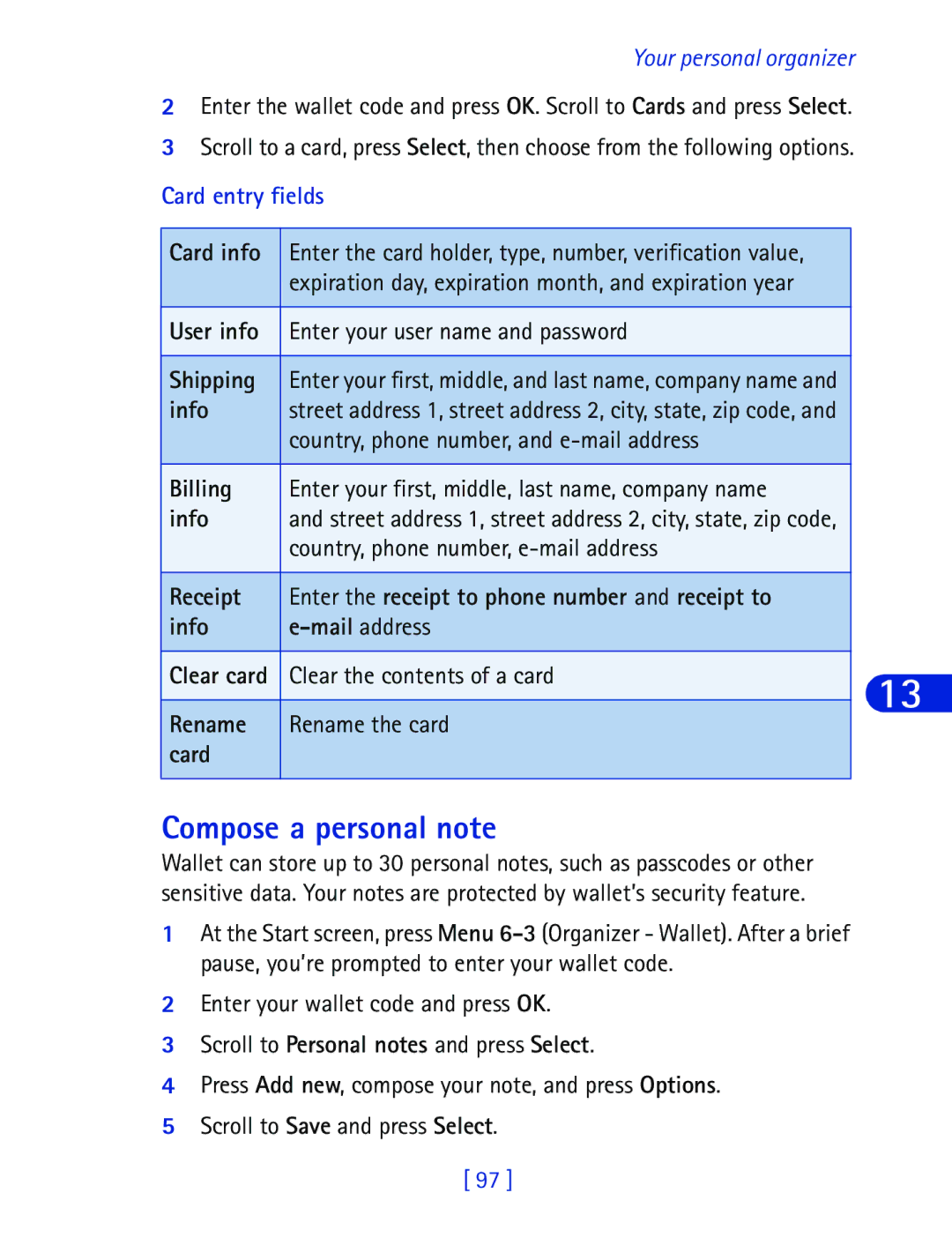 Nokia 6340 specifications Compose a personal note, Card entry fields 