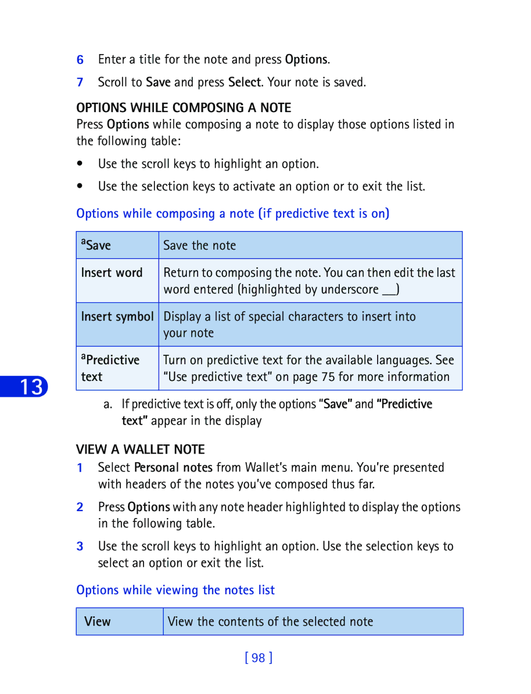 Nokia 6340 Options While Composing a Note, Options while composing a note if predictive text is on, View a Wallet Note 