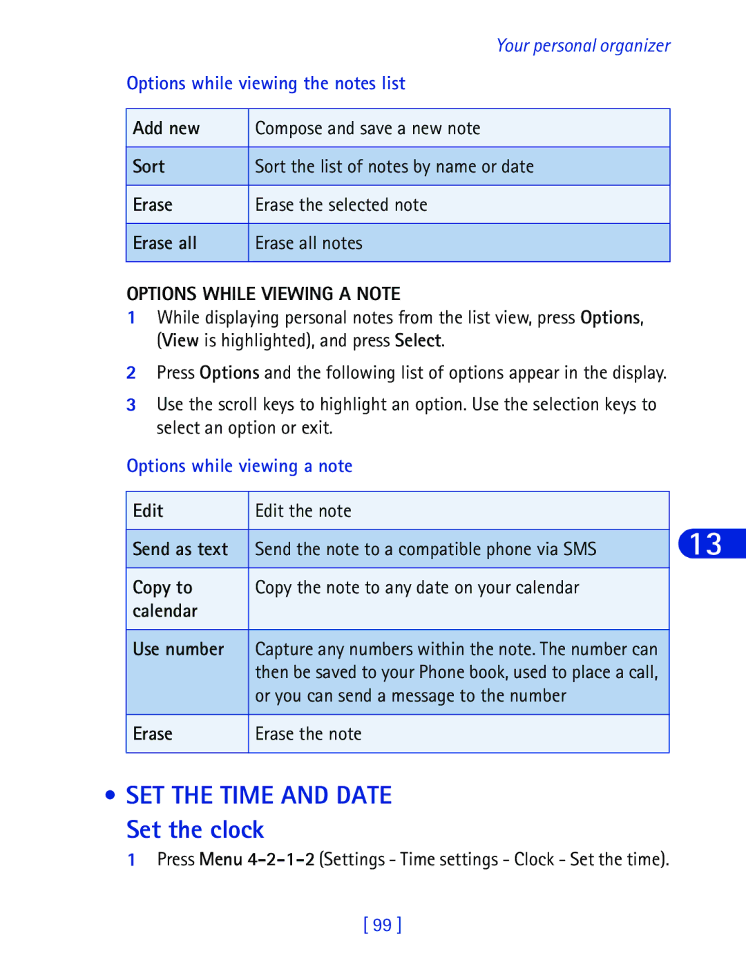 Nokia 6340 specifications SET the Time and Date Set the clock, Options While Viewing a Note, Options while viewing a note 