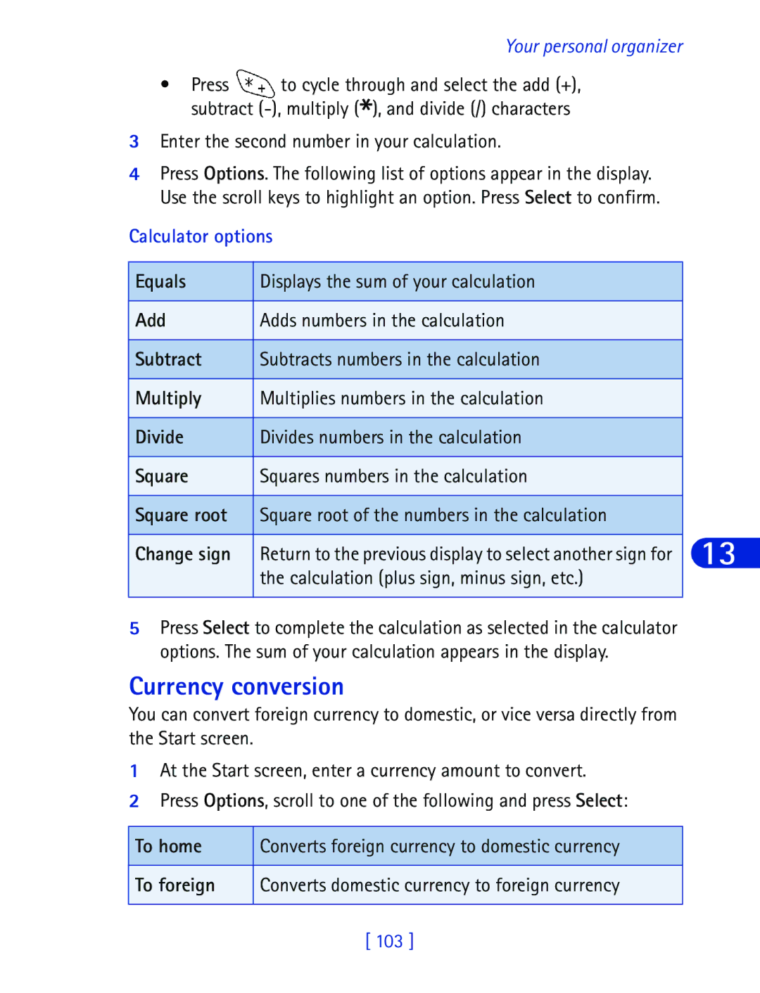 Nokia 6340 specifications Currency conversion, Enter the second number in your calculation, Calculator options 