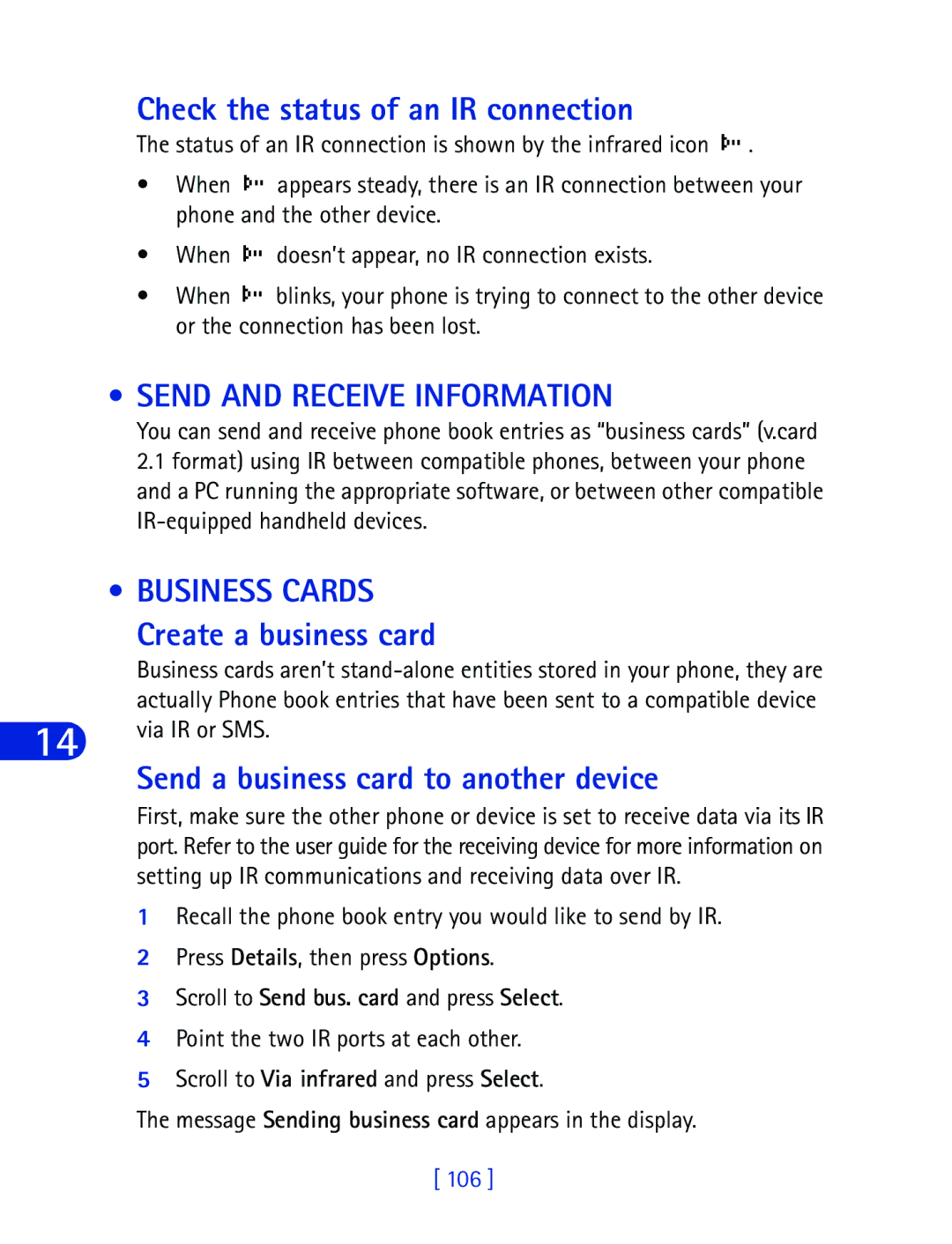 Nokia 6340 Check the status of an IR connection, Send and Receive Information, Send a business card to another device 