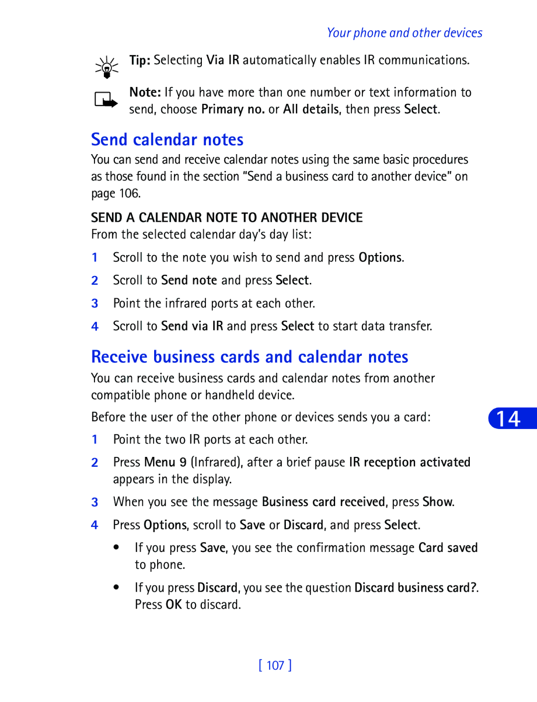 Nokia 6340 Send calendar notes, Receive business cards and calendar notes, Send a Calendar Note to Another Device 