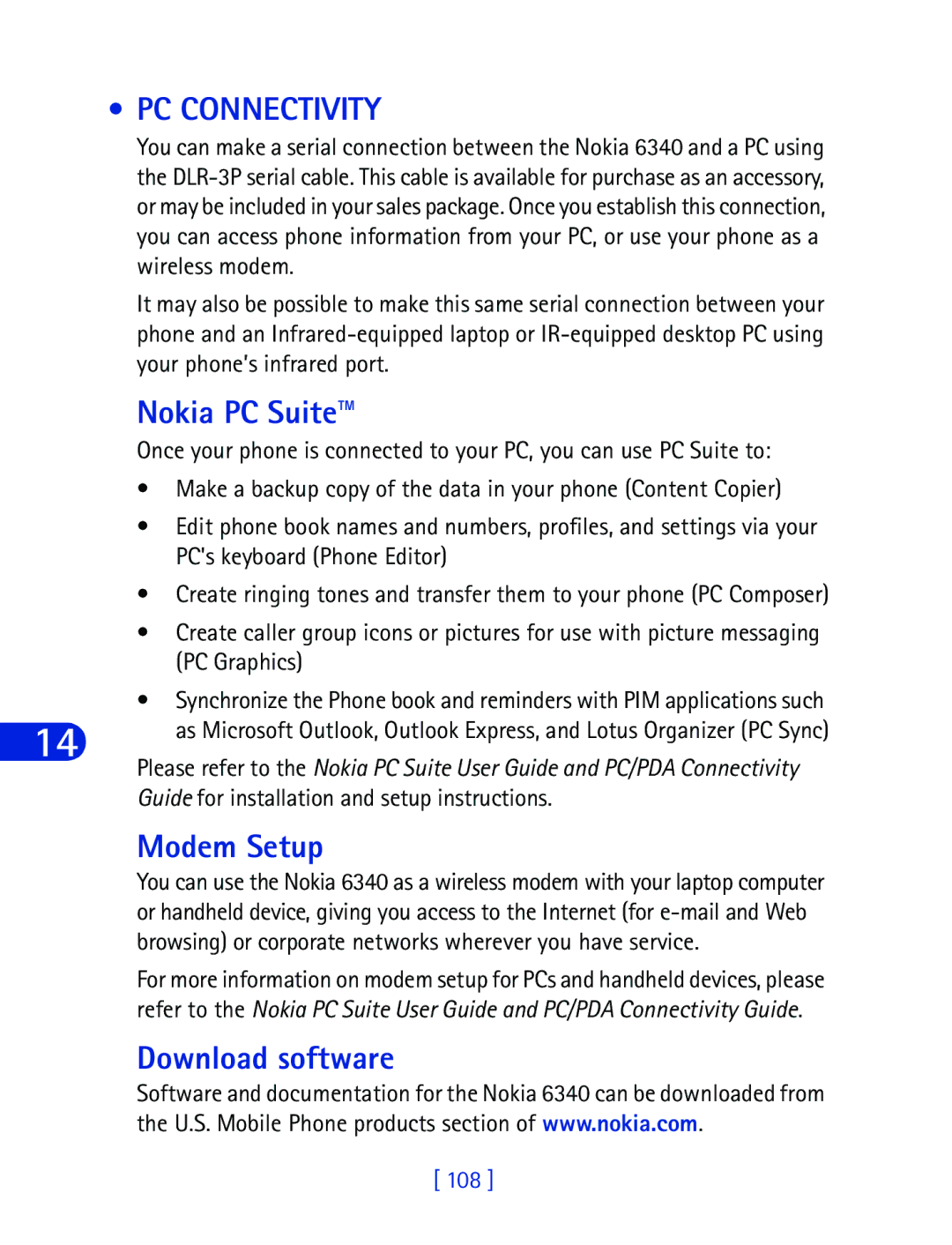 Nokia 6340 specifications PC Connectivity, Nokia PC Suite, Modem Setup, Download software 