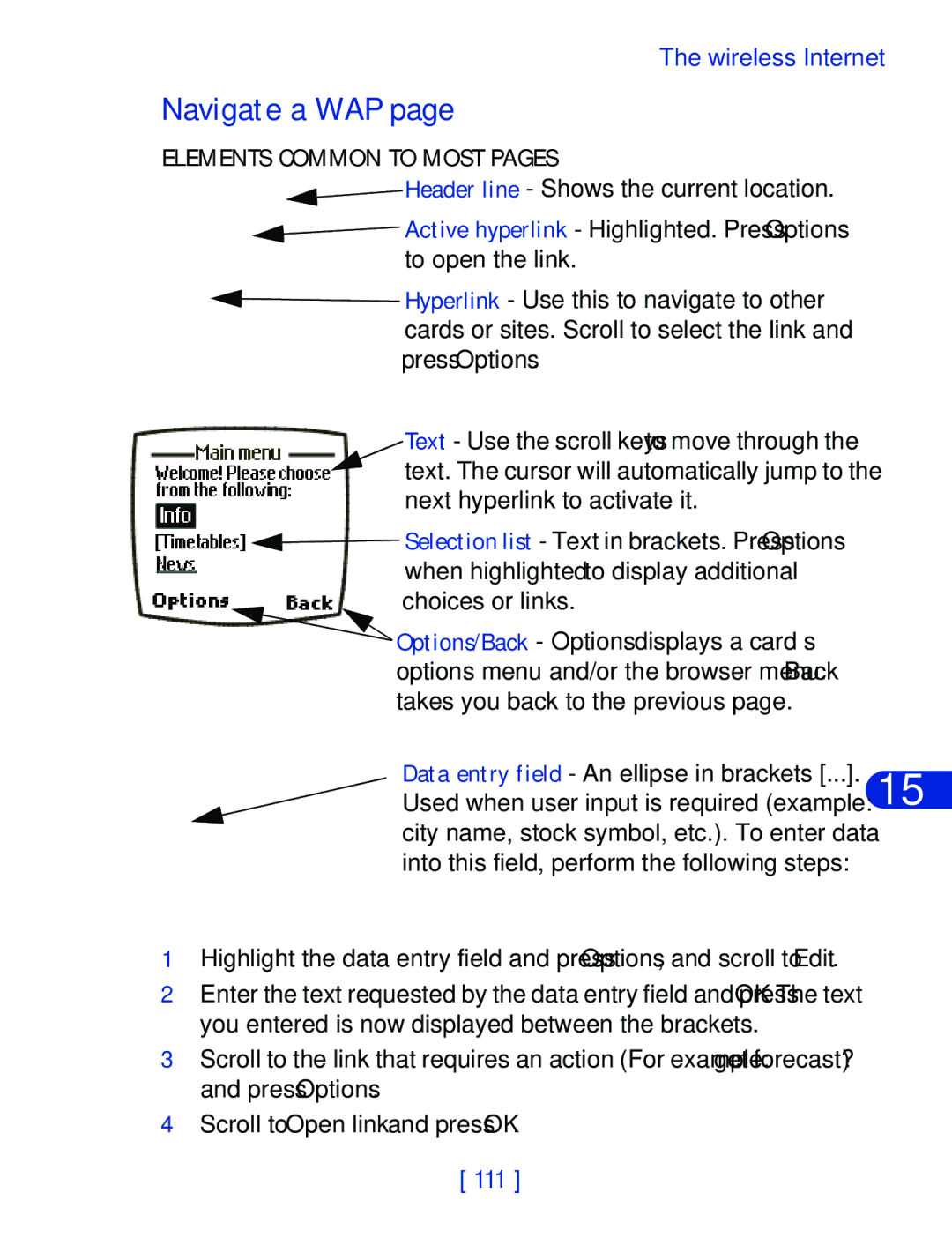 Nokia 6340 specifications Navigate a WAP, Elements Common to Most Pages 