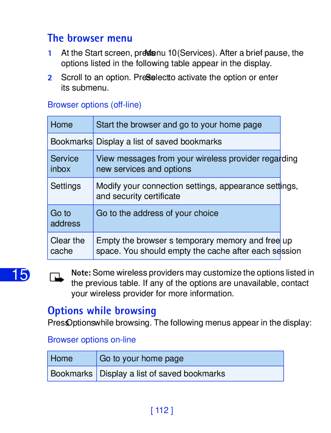 Nokia 6340 specifications Browser menu, Options while browsing, Browser options off-line, Browser options on-line 