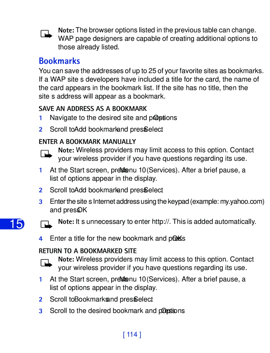 Nokia 6340 specifications Bookmarks, Save AN Address AS a Bookmark, Enter a Bookmark Manually, Return to a Bookmarked Site 