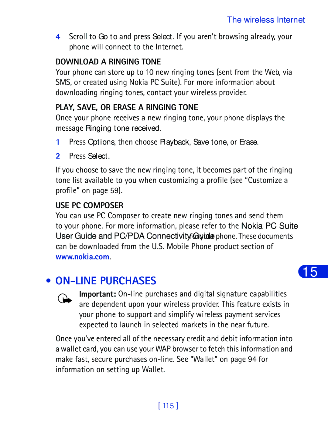 Nokia 6340 specifications ON-LINE Purchases, Download a Ringing Tone, PLAY, SAVE, or Erase a Ringing Tone, USE PC Composer 