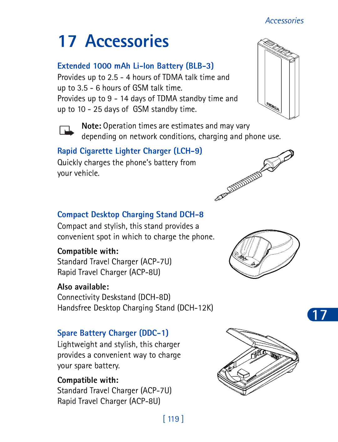 Nokia 6340 specifications Accessories, Extended 1000 mAh Li-Ion Battery BLB-3, Rapid Cigarette Lighter Charger LCH-9 