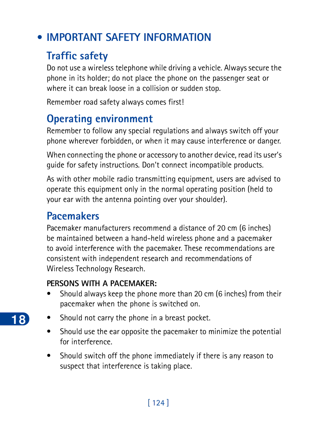 Nokia 6340 Important Safety Information, Traffic safety, Operating environment, Pacemakers, Persons with a Pacemaker 