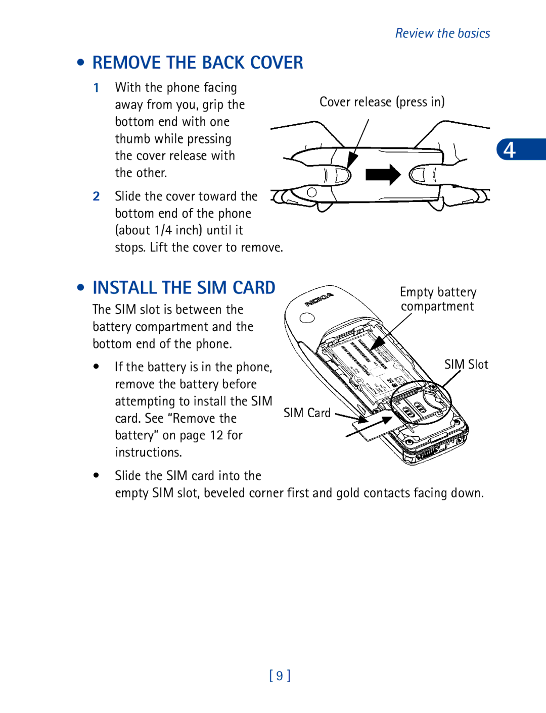 Nokia 6340 Remove the Back Cover, Install the SIM Card, With the phone facing Away from you, grip, SIM slot is between 