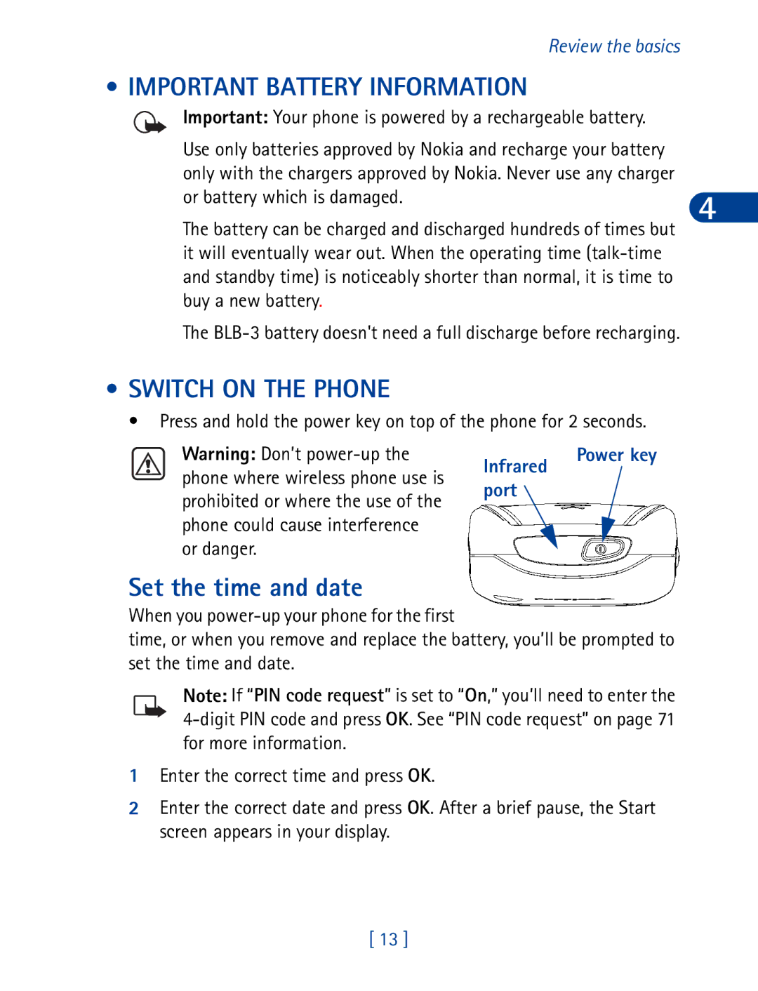 Nokia 6340 Important Battery Information, Switch on the Phone, Set the time and date, Infrared Power key, Port 