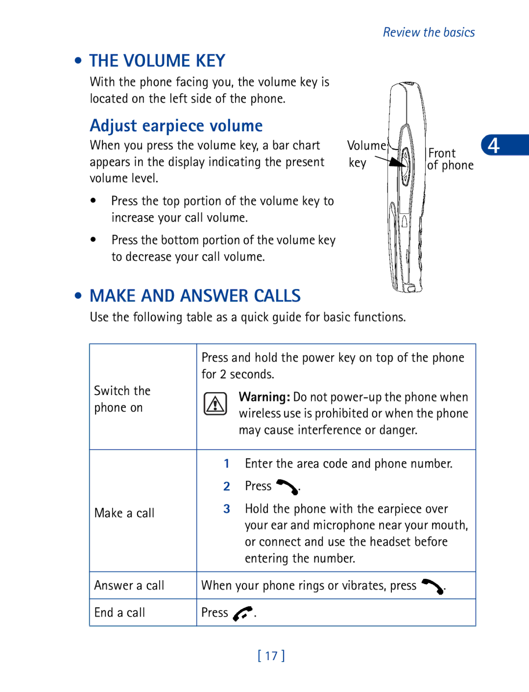 Nokia 6340 specifications Volume KEY, Adjust earpiece volume, Make and Answer Calls 