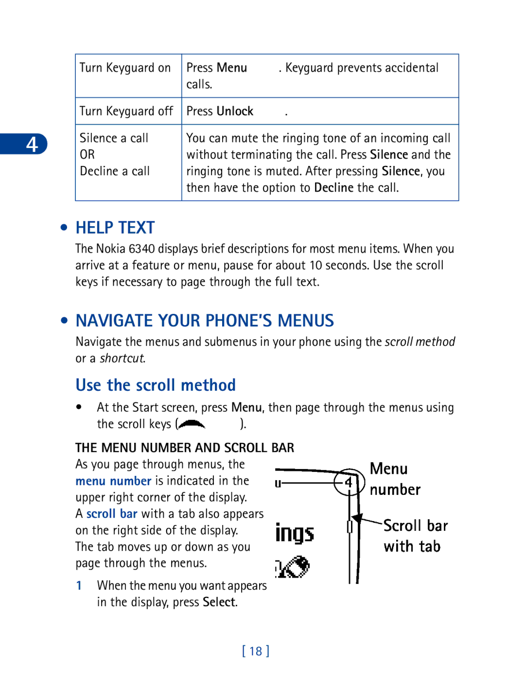 Nokia 6340 specifications Help Text, Navigate Your PHONE’S Menus, Use the scroll method, Menu Number and Scroll BAR 