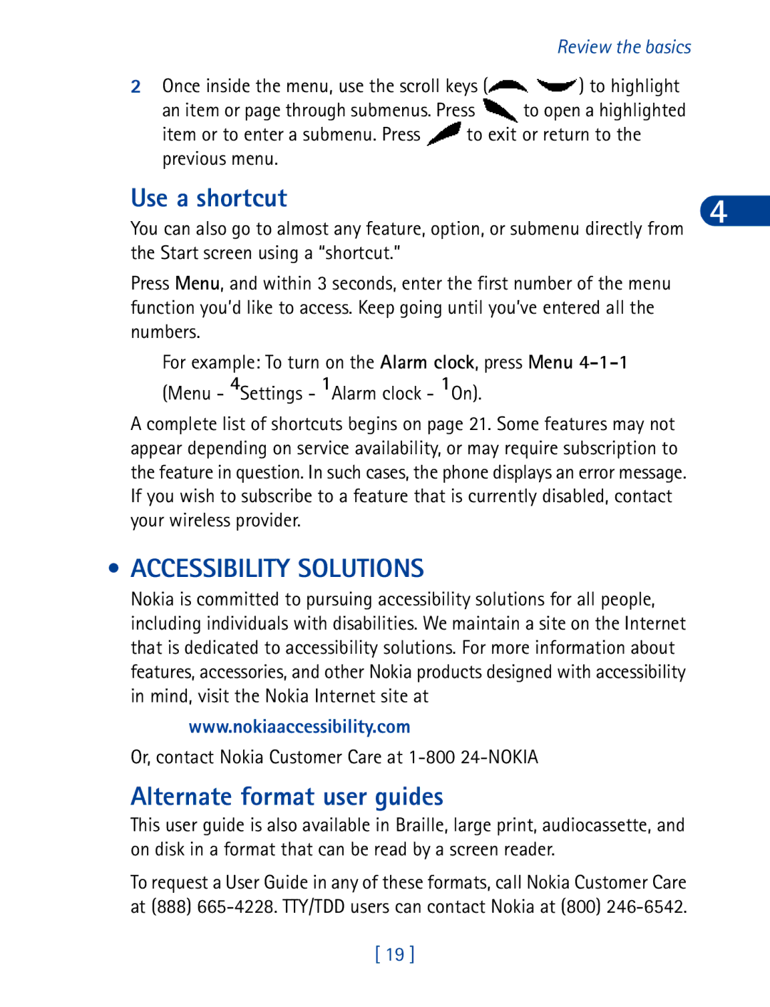 Nokia 6340 specifications Use a shortcut, Accessibility Solutions, Alternate format user guides 