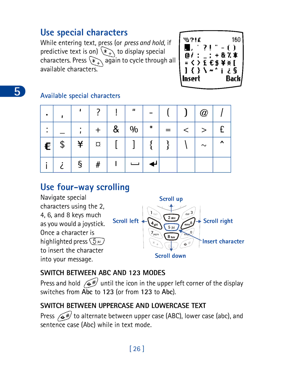 Nokia 6340 specifications Use special characters, Use four-way scrolling, Switch Between ABC and 123 Modes 