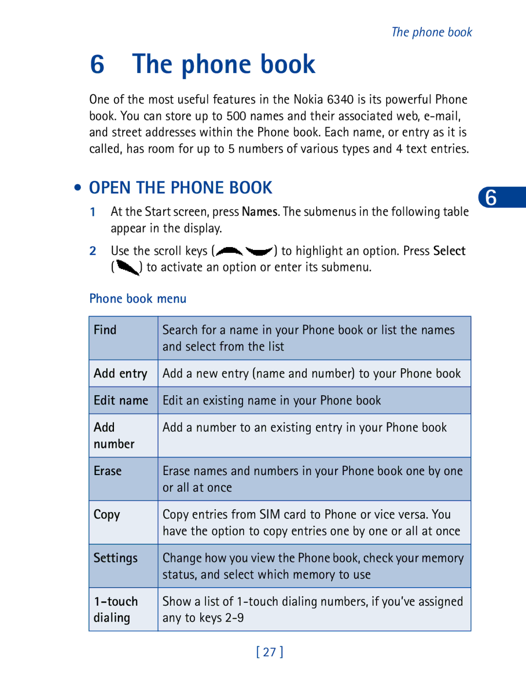 Nokia 6340 specifications Open the Phone Book, Phone book menu 