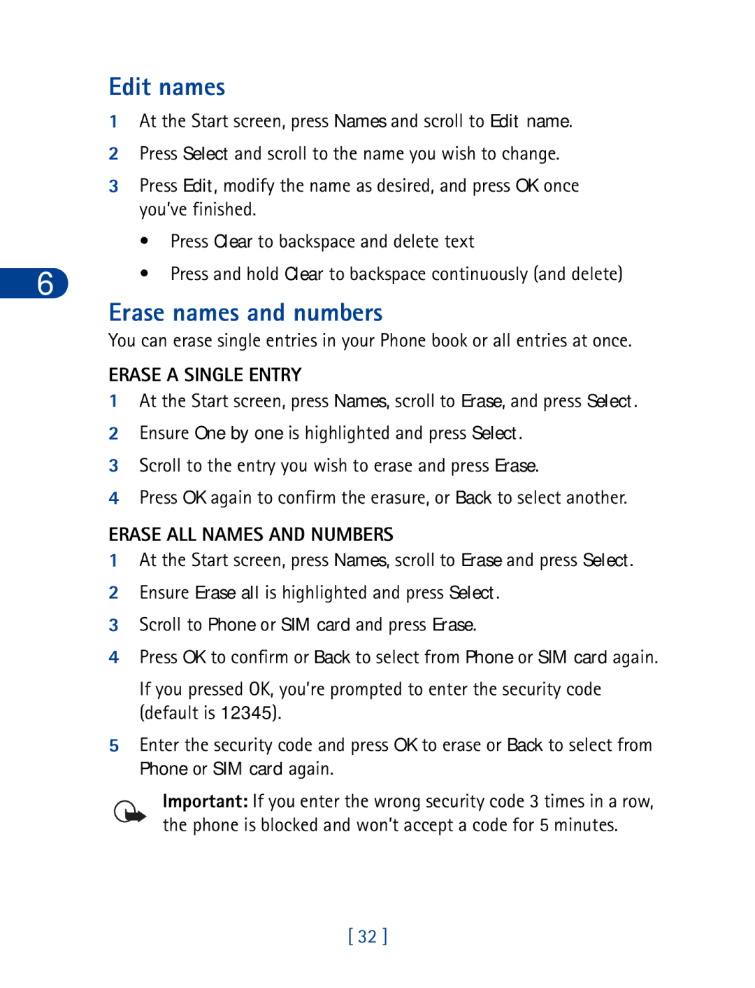 Nokia 6340 specifications Edit names, Erase names and numbers, Erase a Single Entry, Erase ALL Names and Numbers 