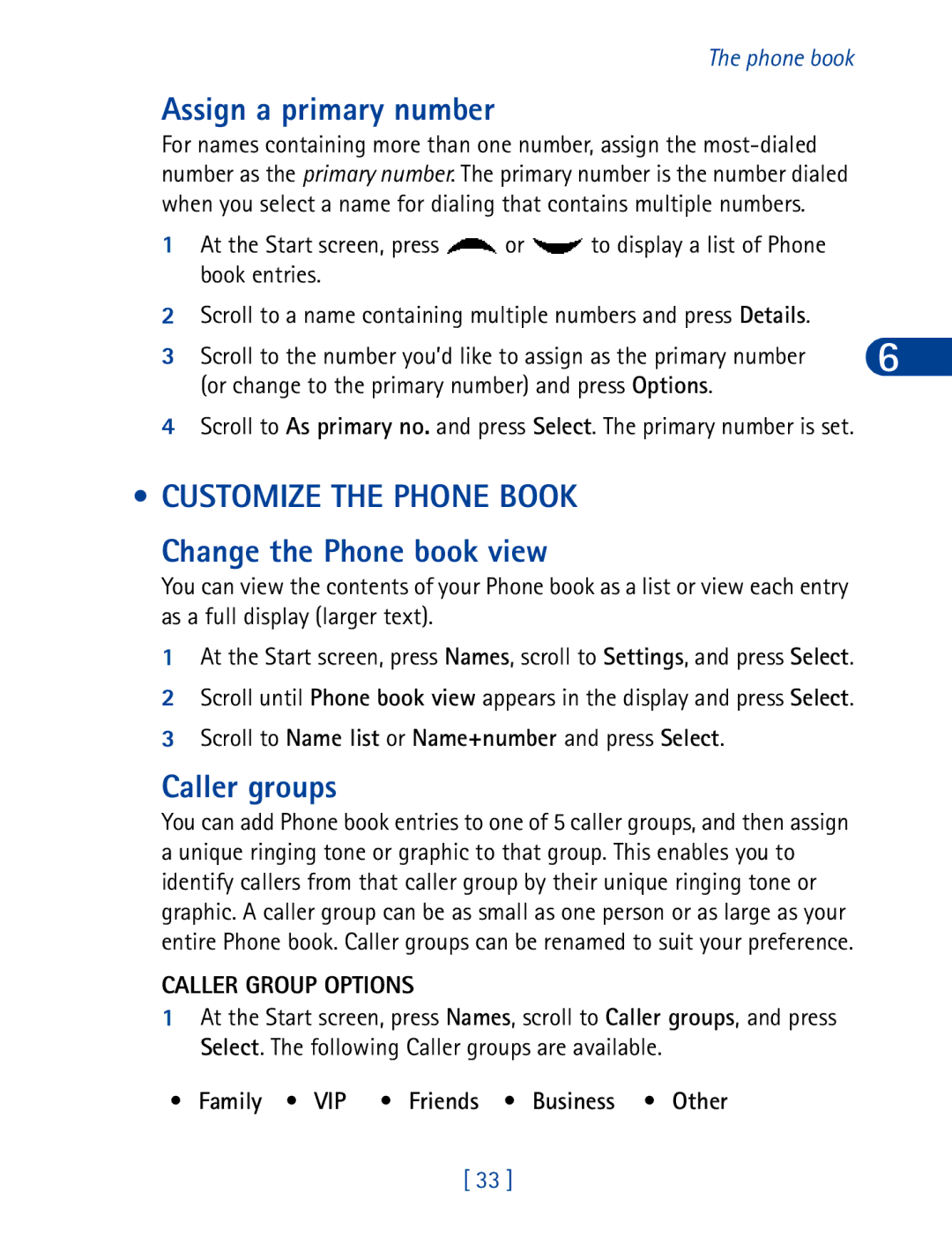 Nokia 6340 specifications Assign a primary number, Caller groups, Customize the Phone Book Change the Phone book view 