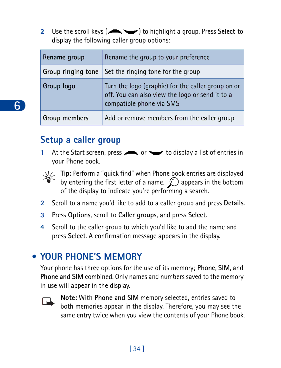 Nokia 6340 specifications Setup a caller group, Your PHONE’S Memory, Rename group, Group logo, Group members 