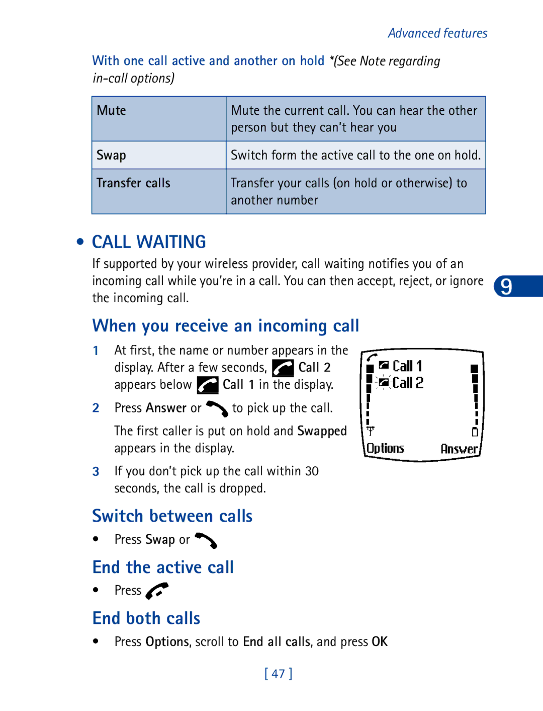 Nokia 6340 Call Waiting, When you receive an incoming call, Switch between calls, End the active call, End both calls 