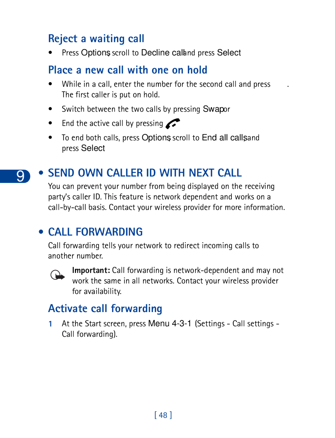 Nokia 6340 Reject a waiting call, Place a new call with one on hold, Send OWN Caller ID with Next Call, Call Forwarding 