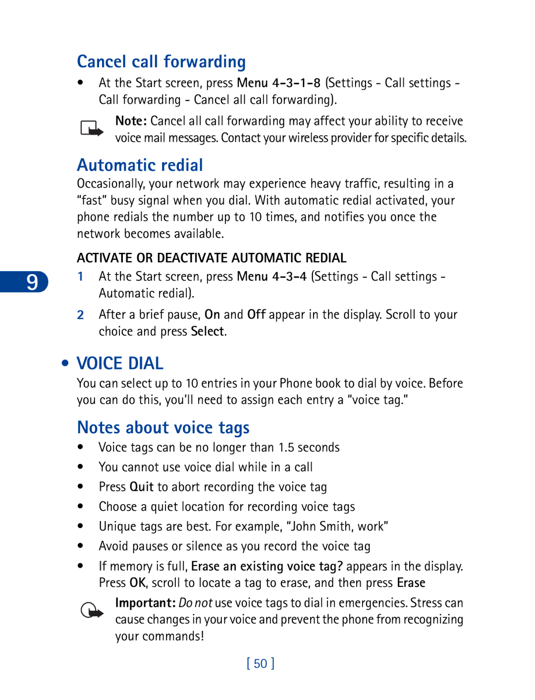 Nokia 6340 specifications Cancel call forwarding, Automatic redial, Voice Dial, Activate or Deactivate Automatic Redial 