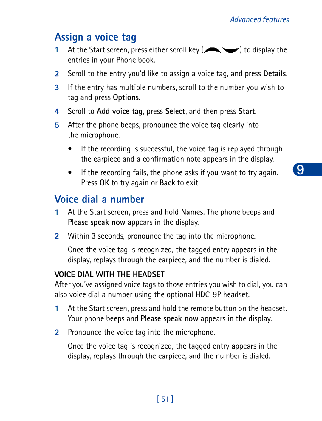 Nokia 6340 Assign a voice tag, Voice dial a number, Press OK to try again or Back to exit, Voice Dial with the Headset 