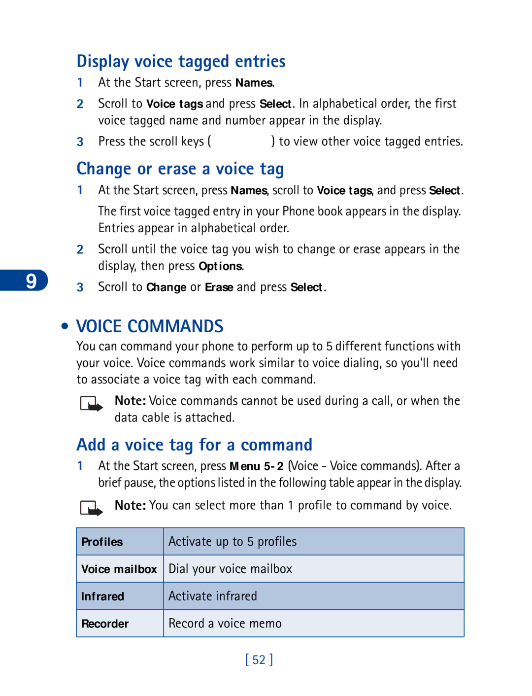 Nokia 6340 Display voice tagged entries, Change or erase a voice tag, Voice Commands, Add a voice tag for a command 