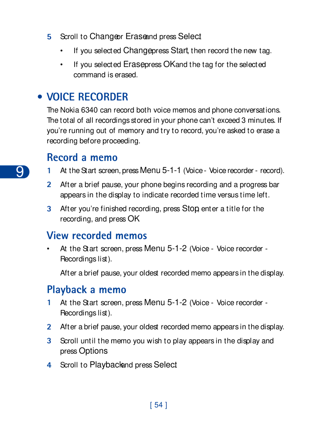 Nokia 6340 specifications Voice Recorder, Record a memo, View recorded memos, Playback a memo 