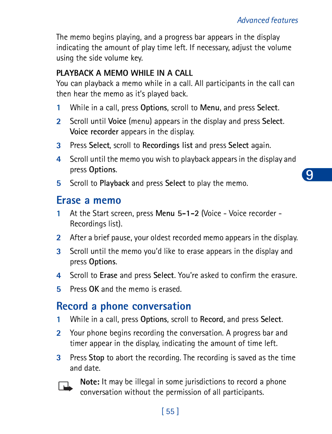 Nokia 6340 Erase a memo, Record a phone conversation, Playback a Memo While in a Call, Press OK and the memo is erased 