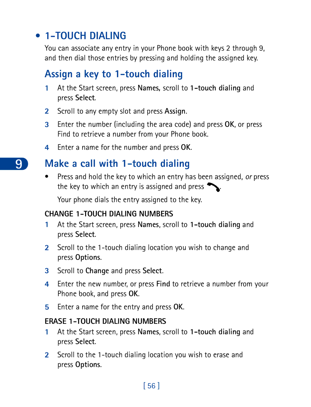 Nokia 6340 specifications Touch Dialing, Assign a key to 1-touch dialing, Enter a name for the number and press OK 