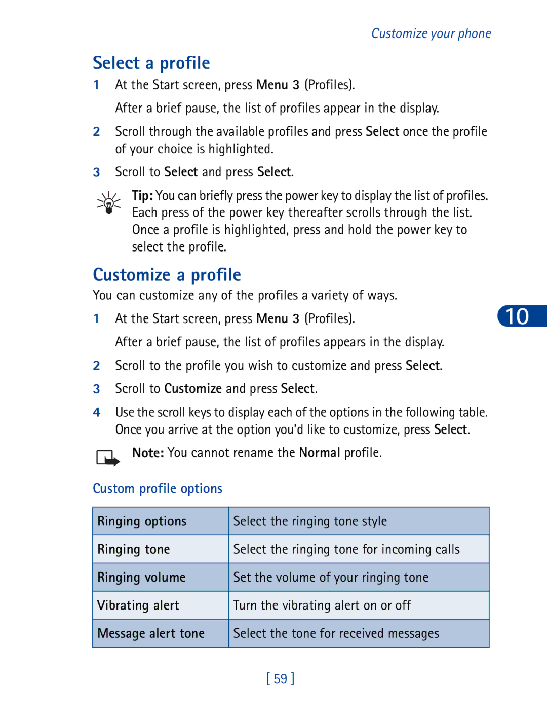 Nokia 6340 specifications Select a profile, Customize a profile, Custom profile options 