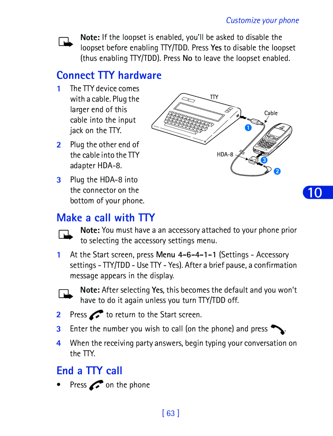 Nokia 6340 specifications Connect TTY hardware, Make a call with TTY, End a TTY call 