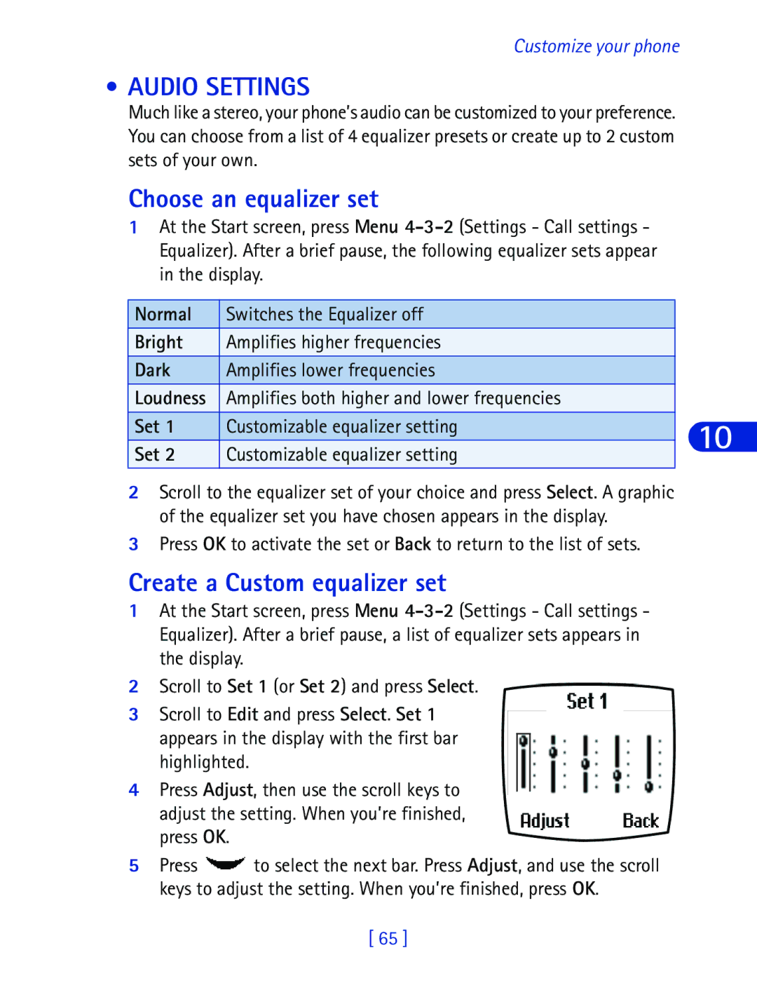 Nokia 6340 specifications Audio Settings, Choose an equalizer set, Create a Custom equalizer set 