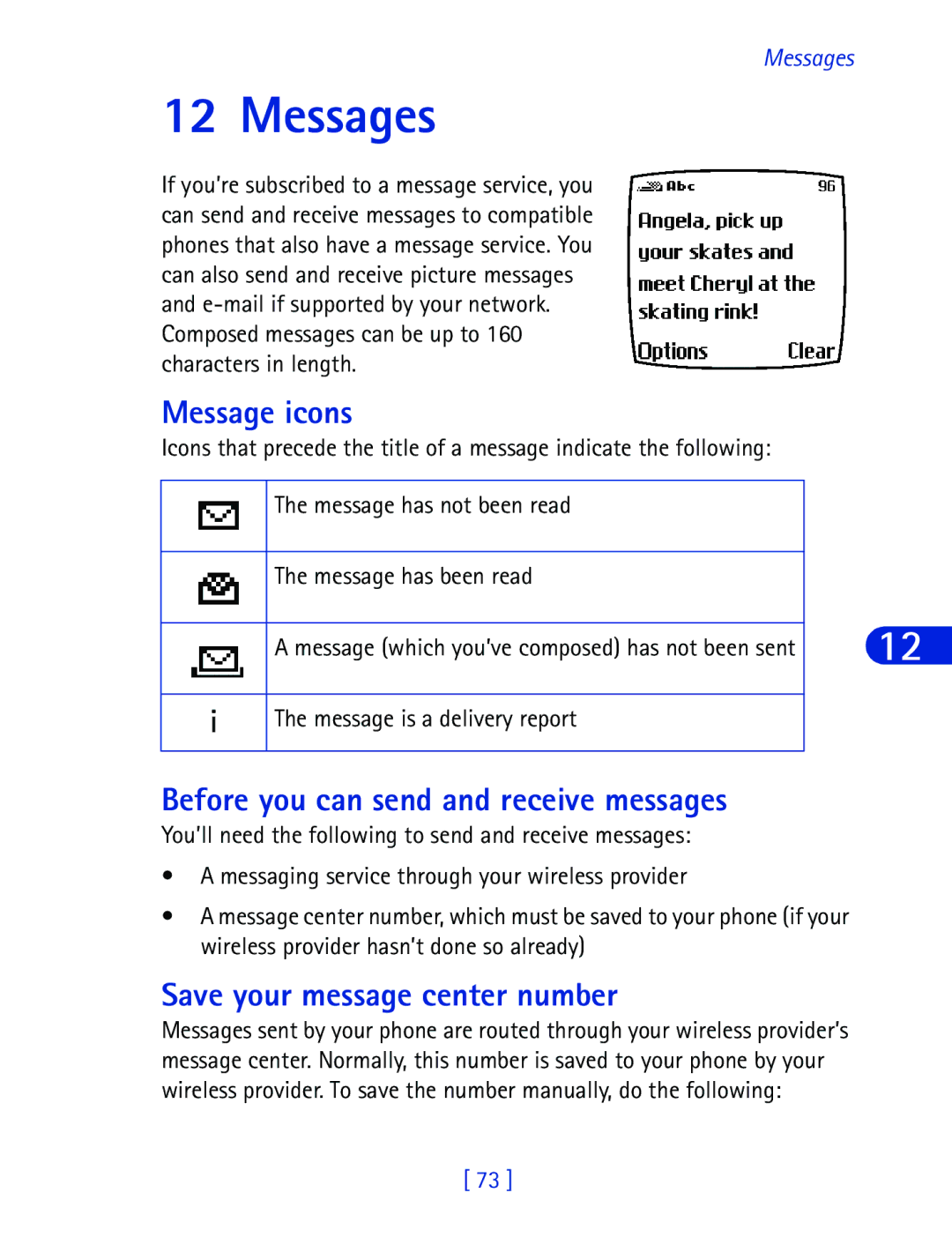 Nokia 6340 Messages, Message icons, Before you can send and receive messages, Save your message center number 