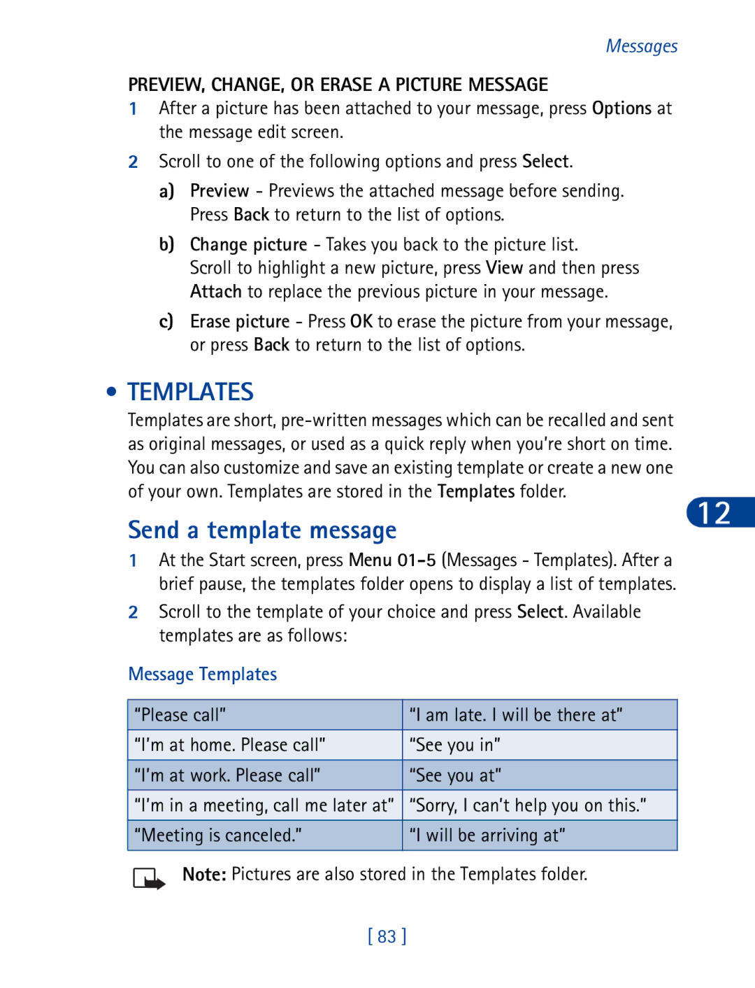 Nokia 6340 specifications Send a template message, PREVIEW, CHANGE, or Erase a Picture Message, Message Templates 