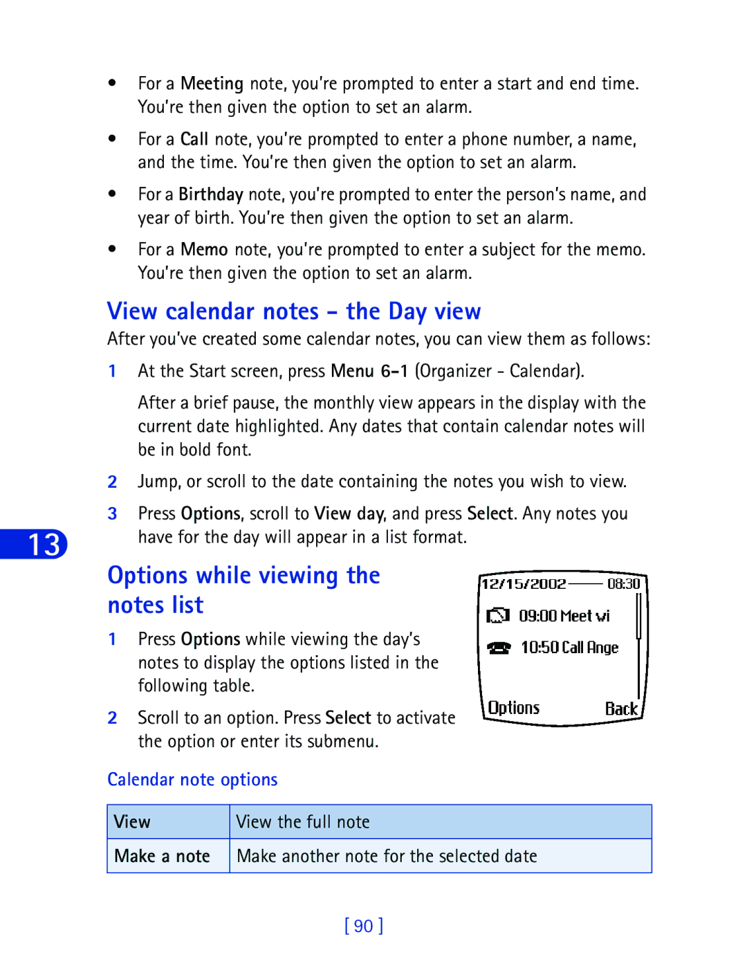 Nokia 6340 specifications View calendar notes the Day view, Options while viewing the notes list, Calendar note options 