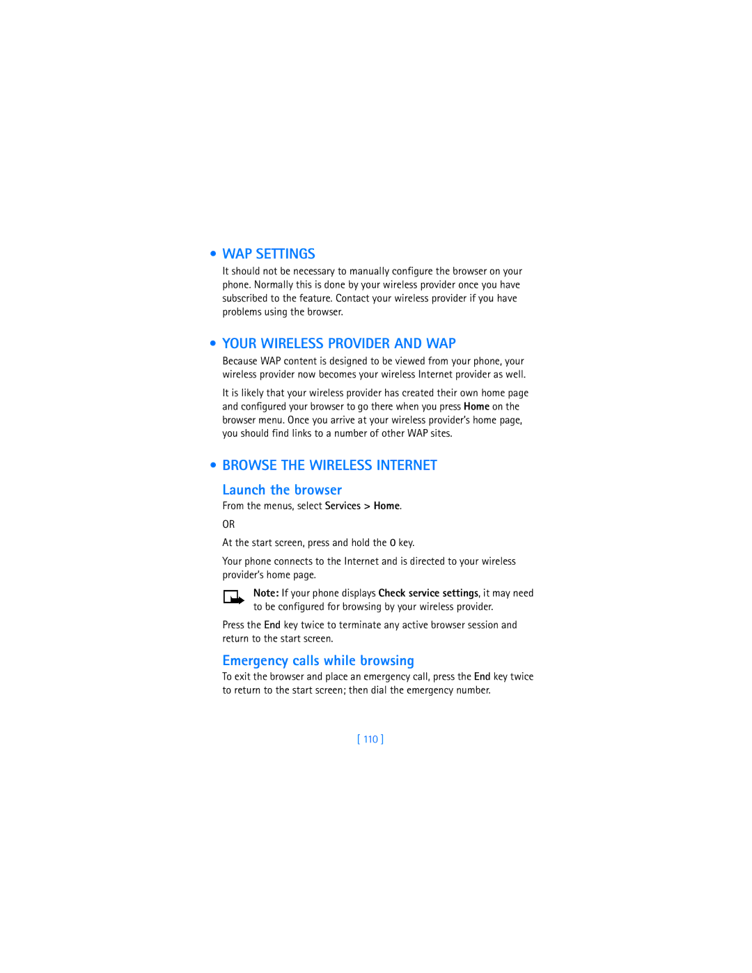 Nokia 6340i warranty WAP Settings, Your Wireless Provider and WAP, Emergency calls while browsing, 110 