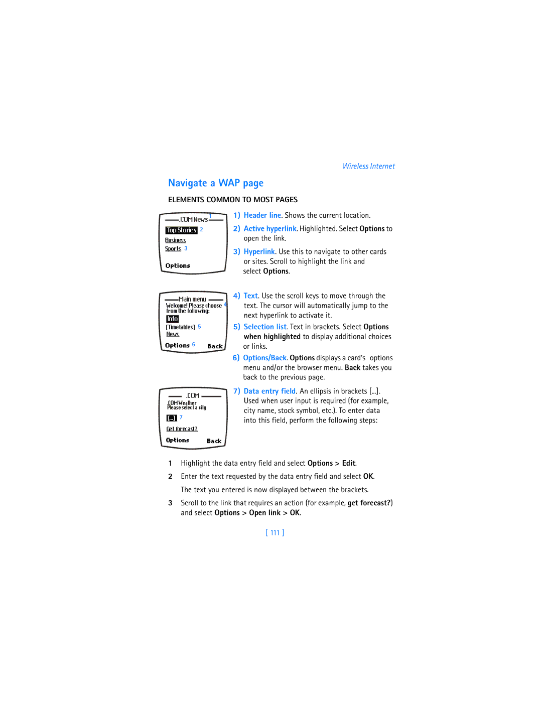 Nokia 6340i Navigate a WAP, Elements Common to Most Pages, Highlight the data entry field and select Options Edit, 111 