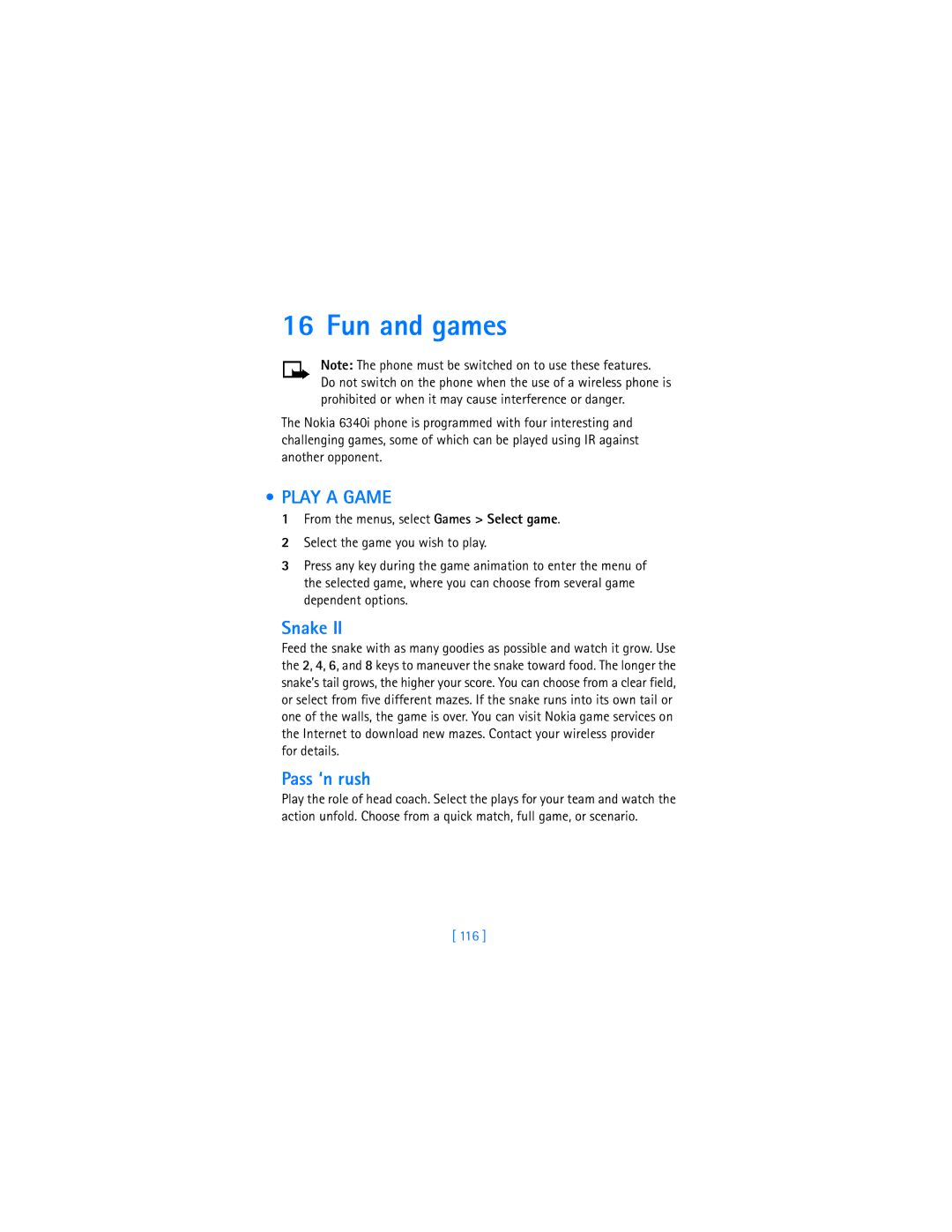 Nokia 6340i warranty Fun and games, Play a Game, Snake, Pass ‘n rush, 116 